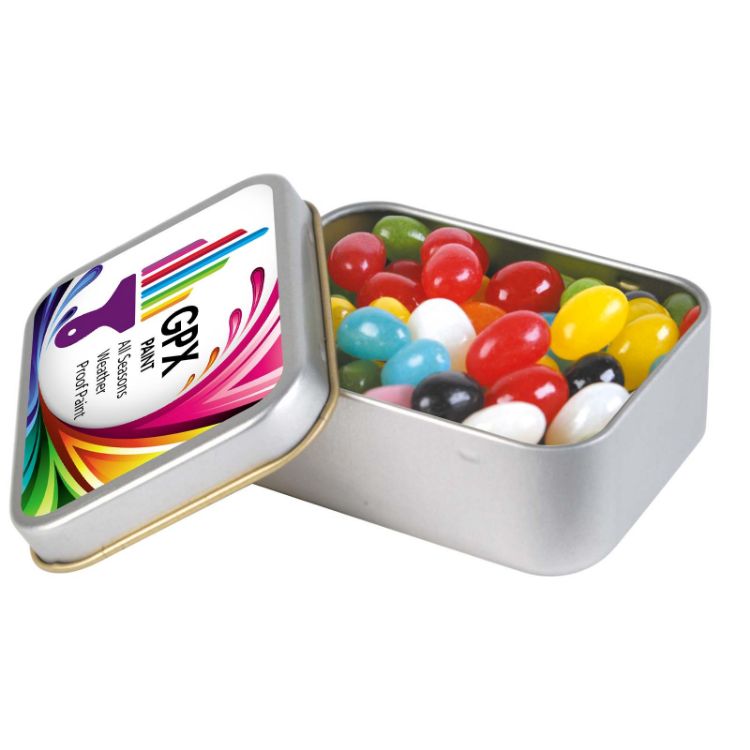 Picture of Assorted Colour Mini Jelly Beans in Silver Rectangular Tin