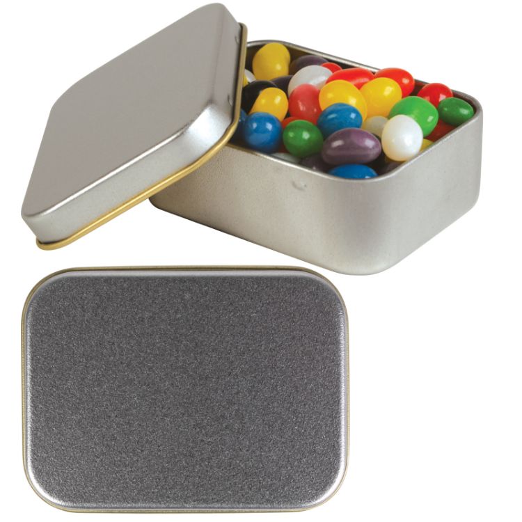 Picture of Assorted Colour Mini Jelly Beans in Silver Rectangular Tin