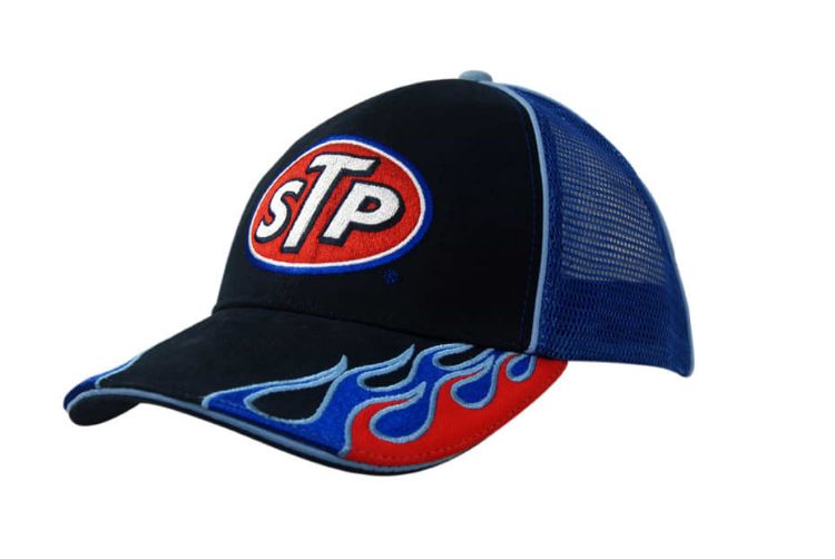 Picture of Brushed Heavy Cotton Cap with Mesh Back, Piping & Flame Embroidery on Peak