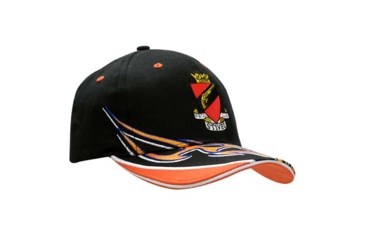 Picture of Brushed Heavy Cotton Cap with Sandwich, Peak Indent & Flame Embroidery on Crown & Peak